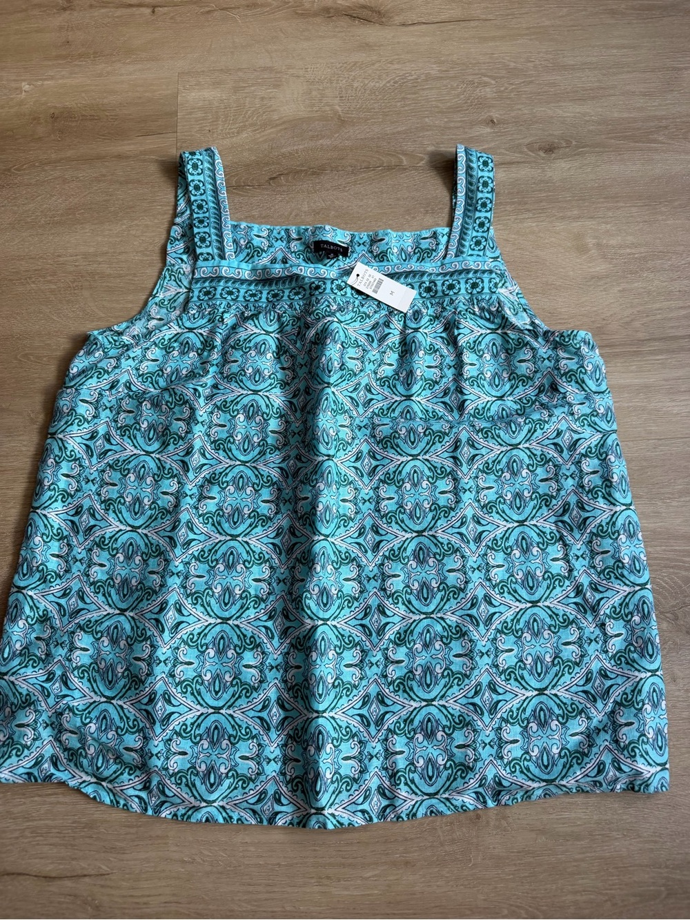 Talbots Linen Sleeveless Shirt Womens M Ocean Teal Geometric Pattern NWT